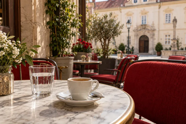 KI-generierte, fiktive Designstudie: Kaffee und Wasserglas auf einem Marmortisch mit roter Cafépolsterung und Altstadthof