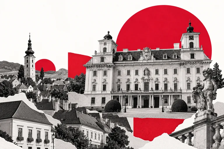 KI-generierte, stilisierte Eisenstadt-Collage mit Schloss Esterházy und Altstadt in Schwarz-Weiß und Rot